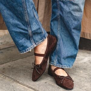 Women's Italian Brown Suede Mary Jane Flats with Bow Detail